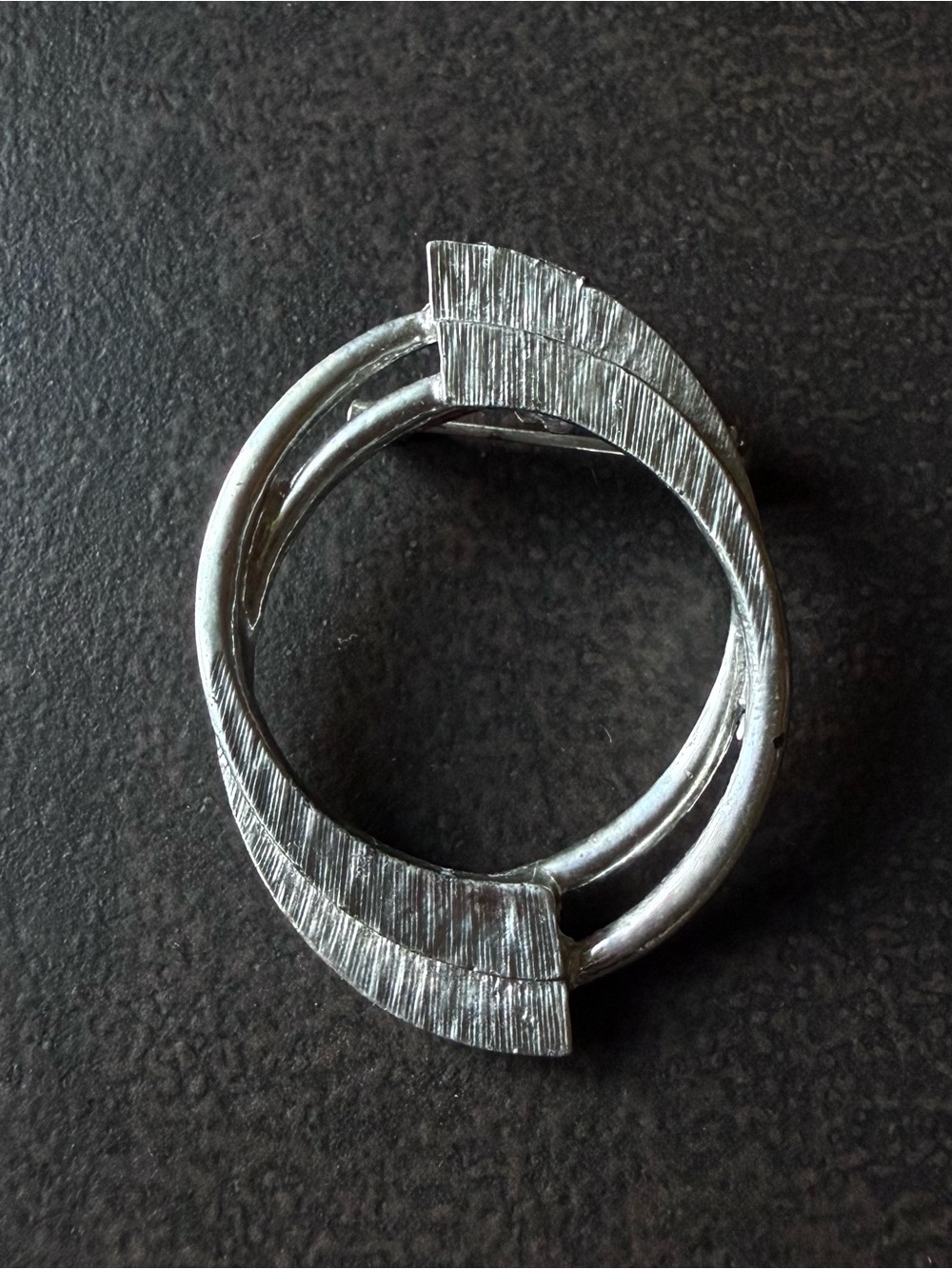 Modern Sculptural Double Ring Silver Brooch Mid Century Costume Jewelry